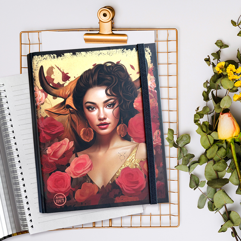 Тефтер-с-твърди-корици-ластик-и-скрита-спирала-Телец-100-листа-Taurus-hardcover-notebook-elastic-and-hidden-spiral-Flowers-illustration-100-sheets